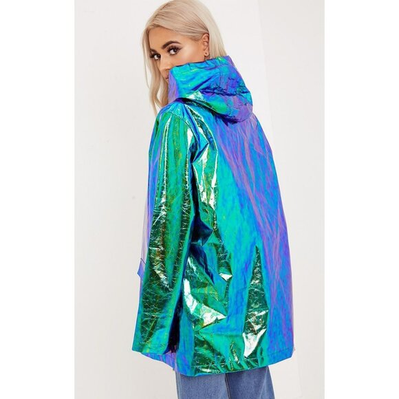 PrettyLittleThing Cobie Green Coachella Holographic Jacket Disco Carnival Shiny - Picture 2 of 12